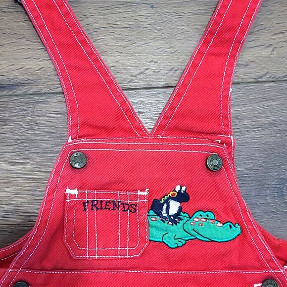 Vintage Shortalls Kids 12 M Red Overalls In Design Alligator Frog Friends Shorts - Picture 9 of 11